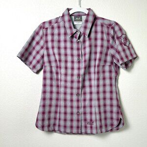 Jack Wolfskin Outdoor Top Womens Size S Pink Plaid Button Up Short Sleeve Pocket